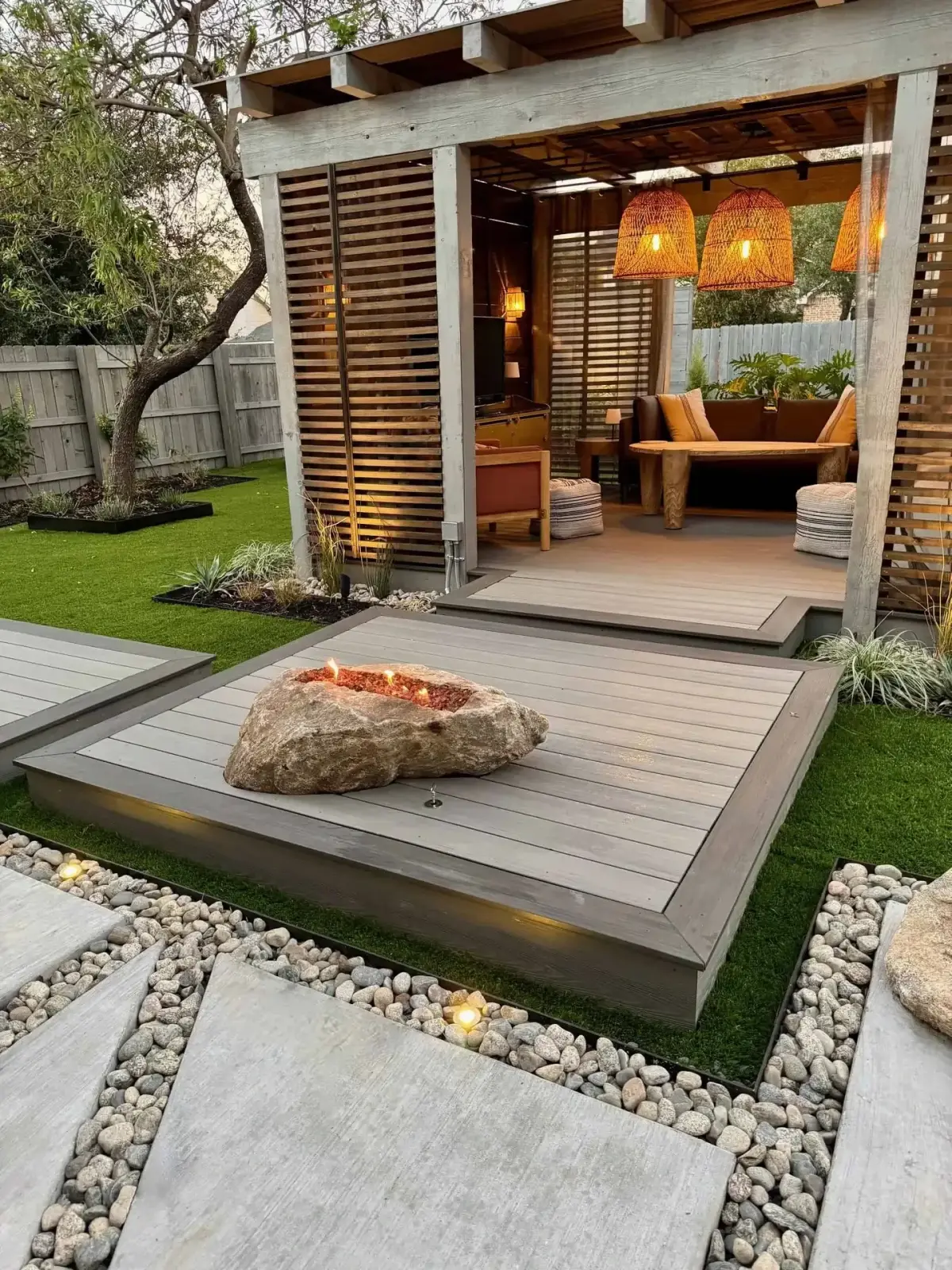 Outdoor kitchen with built-in grill, steel-framed pergola, and poured concrete countertops — Austin TX